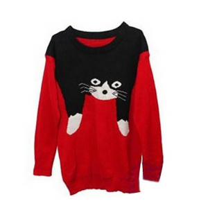 Women's Loose Red Cat Sweater